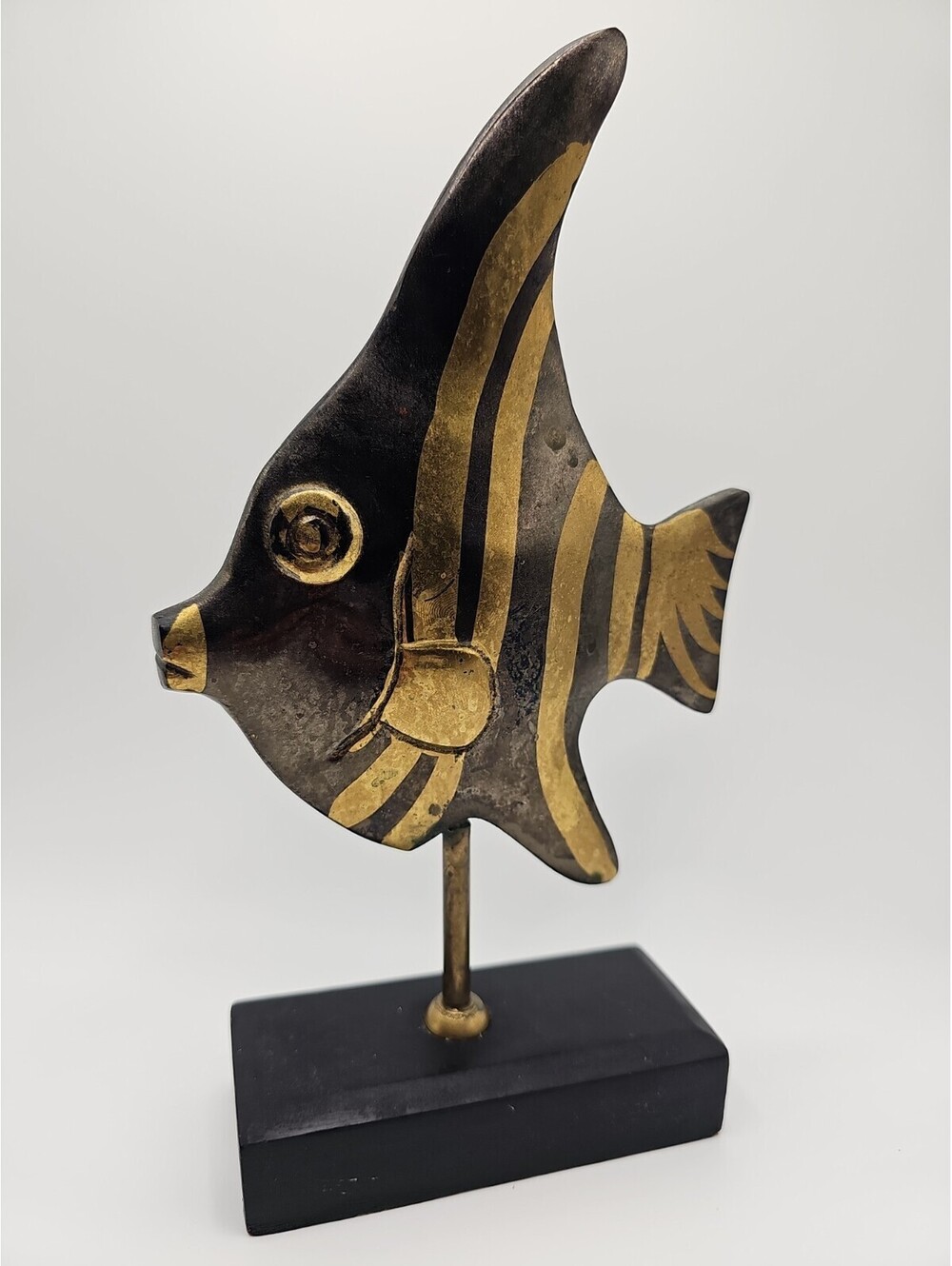 Vintage Brass Angelfish Statue on Wooden Base Mixed Metal Fish Figurine